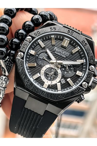 Ferrucci Brand Black Color Silicone Band,Calendar,Function Men's Wrist Watch+Bracelet