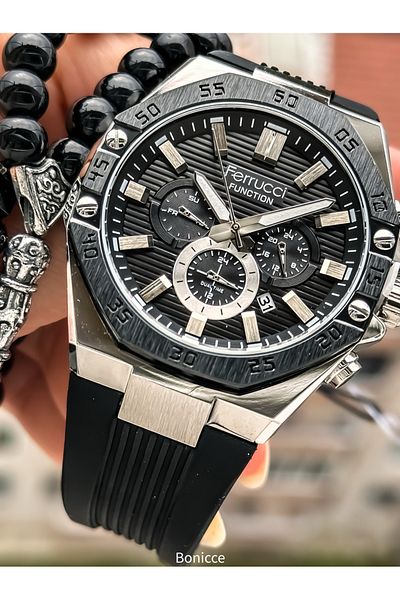 Ferrucci Brand Black Color Silicone Band,Calendar,Function Men's Wrist Watch+Bracelet