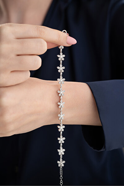 Silvano Jewelry 925 Ayar Gümüş Zirkon Taşlı Papatya Bileklik