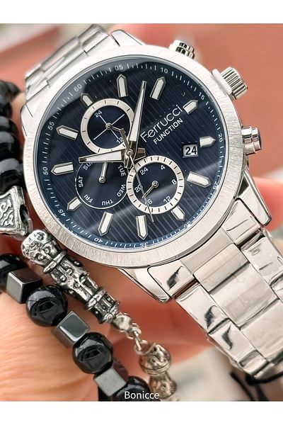 Ferrucci Men's Wrist Watch - Silver Color, Steel Band, Navy Blue Dial, Calendar, Function + Bracelet Rosary
