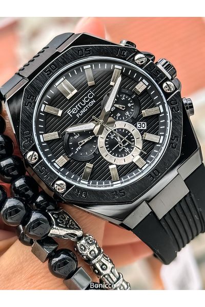 Ferrucci Brand Black Color Silicone Band,Calendar,Function Men's Wrist Watch+Bracelet
