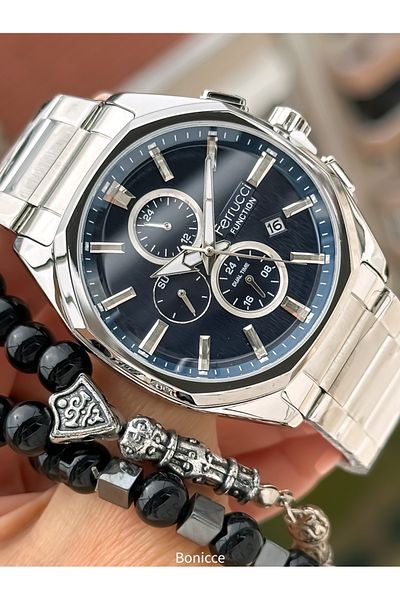 Ferrucci Men's Wrist Watch - Silver Color, Steel Band, Navy Blue Dial, Calendar, Function + Bracelet Rosary