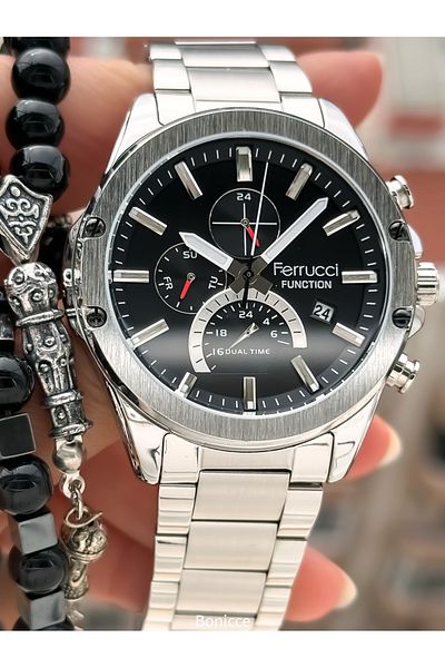 Ferrucci Brand Silver Color Steel Band, Black Dial, with Calendar, Function Men's Wrist Watch+Bracelet Rosary
