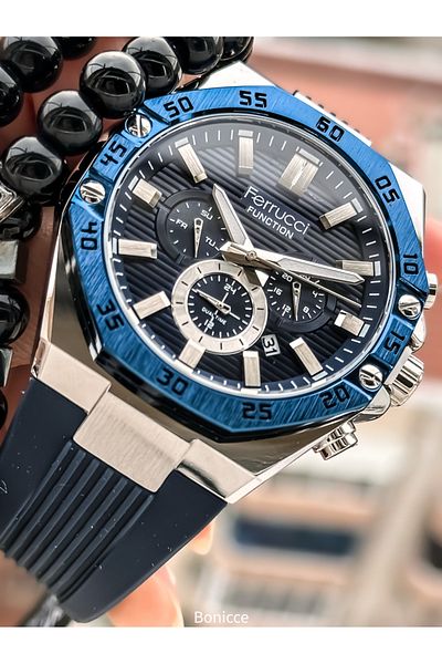 Ferrucci Brand Navy Blue Color Silicone Band,Calendar,Function Men's Wrist Watch+Bracelet