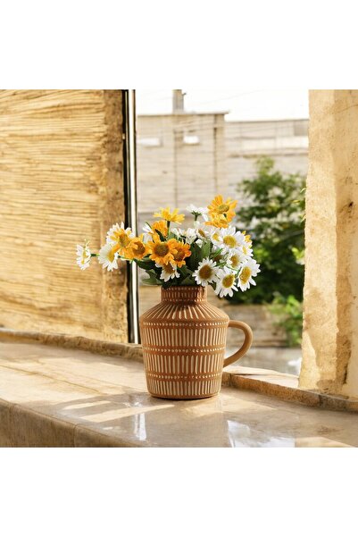 Binbirdemet İskandinav Bohem El Boyaması Kulplu Kahverengi Seramik Vazo