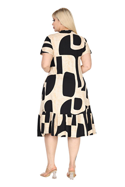 MELSAY Kadın Büyük Beden V yaka Kısa Kol Bej Geometrik Desen Robalı Elbise