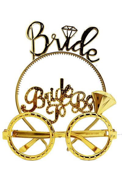 MCEM STORE Bride Written Crown and Bride To Be Written Glasses Set Gold Color