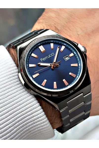 Ferrucci Custom Design Smoked Color Waterproof Steel Band Men's Wristwatch with Calendar