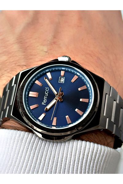 Ferrucci Custom Design Smoked Color Waterproof Steel Band Men's Wristwatch with Calendar