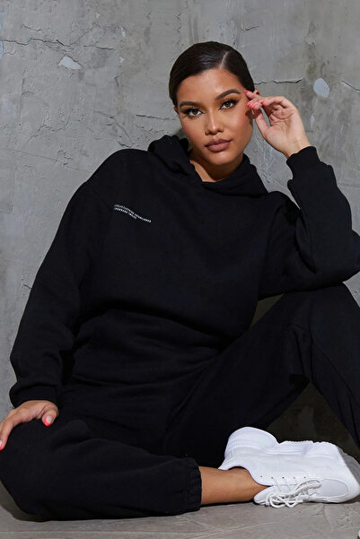 Wish BF Μαύρο με τύπωμα oversized Φούτερ και Παντελόνι jogger Σετ Φόρμας