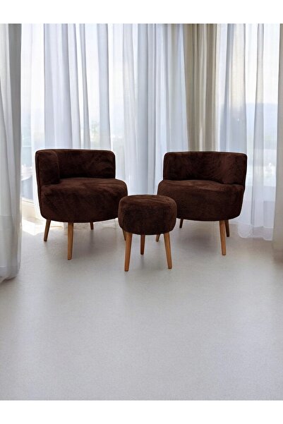 Edam Kahverengi Çay Seti İkili Koltuk Berjer ve Puf Takımı (Salon, Balkon, Of...