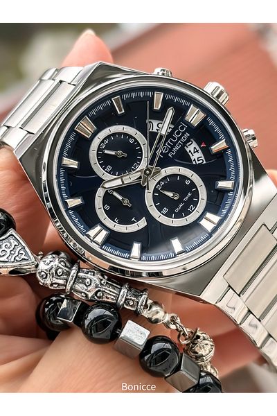 Ferrucci Men's Wrist Watch - Silver Color, Steel Band, Navy Blue Dial, Calendar, Function + Bracelet Rosary