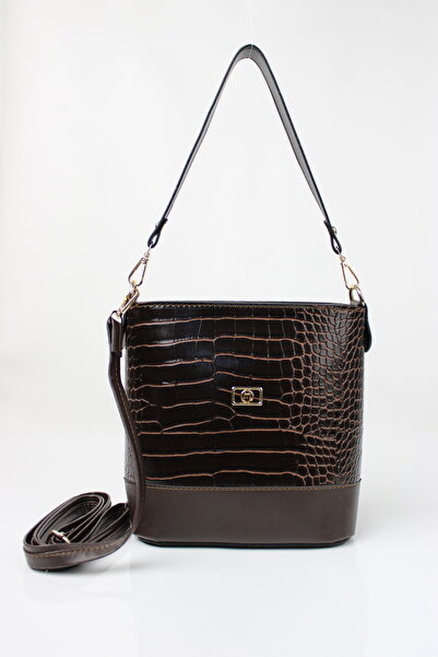 mossi Bitter Brown Crocodile Skin Look Double Strap Women's Shoulder Bag