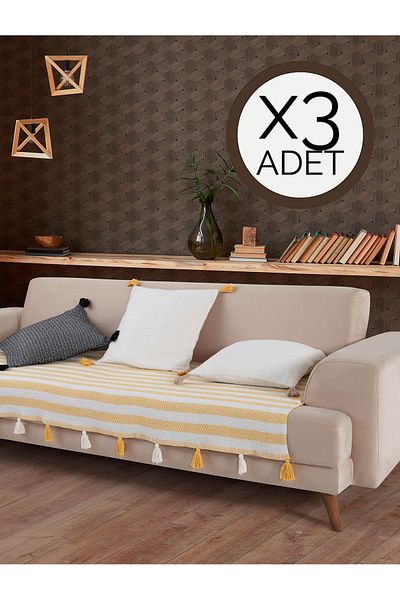 Lux Touch غطاء أريكة ليفا بوم بوم أصفر 3 قطع مقاس 115 × 200 سم - غطاء أريكة معنقدة