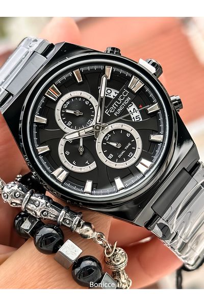 Ferrucci Men's Wrist Watch and Bracelet Rosary with Black Brand Steel Band and Calendar