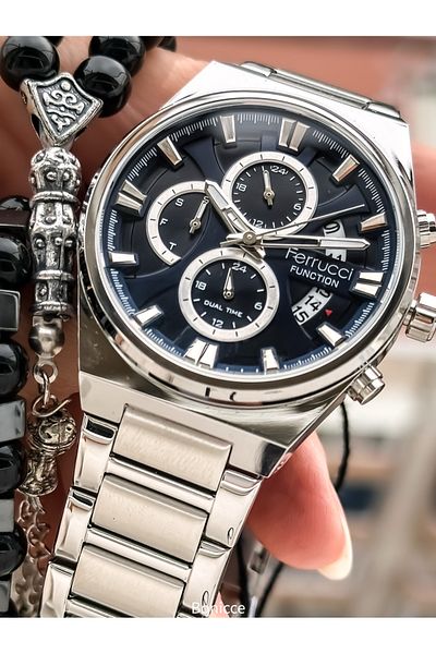 Ferrucci Men's Wrist Watch - Silver Color, Steel Band, Navy Blue Dial, Calendar, Function + Bracelet Rosary