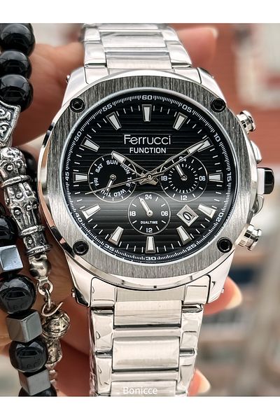 Ferrucci Brand Silver Color Steel Band, Black Dial, with Calendar, Function Men's Wrist Watch+Bracelet Rosary