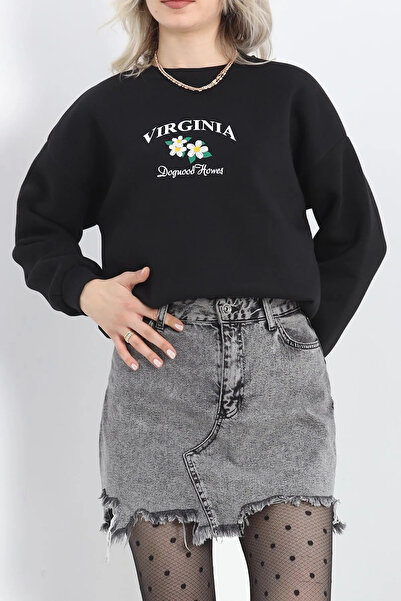 FECCY Hanorac negru din bumbac imprimat, cu guler tip crewneck