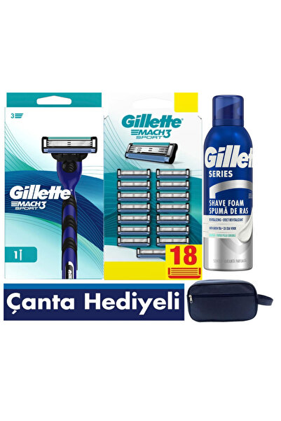 Gillette Mach3 Sport Makine + 18 adet Tıraş Bıçağı + 200 ML tıraş köpüğü+ Çanta