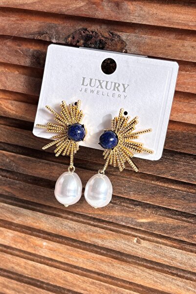 Berrin Silver Women's Gold Pearl Detailed Dangle Steel Earrings