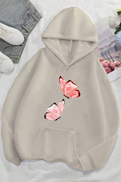 Wish BF 2 ροζ πεταλούδες μπροστά με τύπωμα oversized φούτερ με κουκούλα