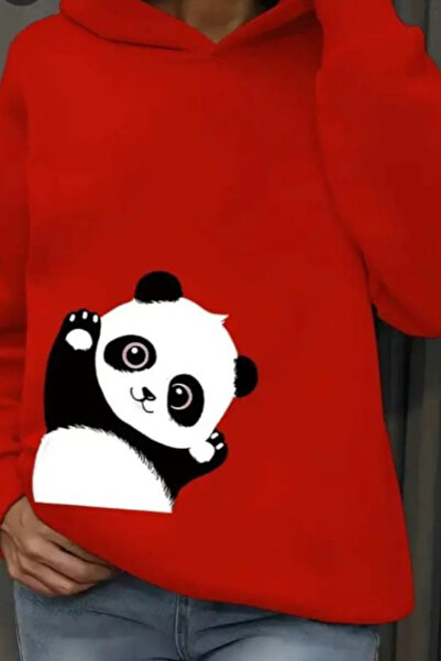 FECCY Hanorac din bumbac cu guler rotund și imprimeu Panda drăguț