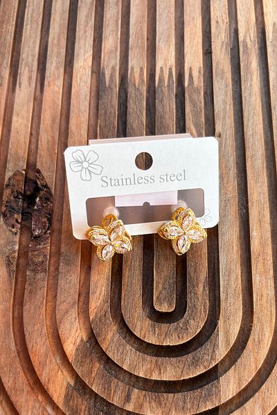 Berrin Silver Women's Gold Flower Model Zircon Stone Steel Earrings