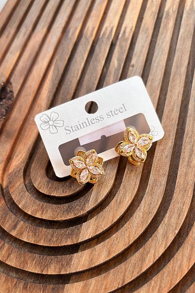 Berrin Silver Women's Gold Flower Model Zircon Stone Steel Earrings
