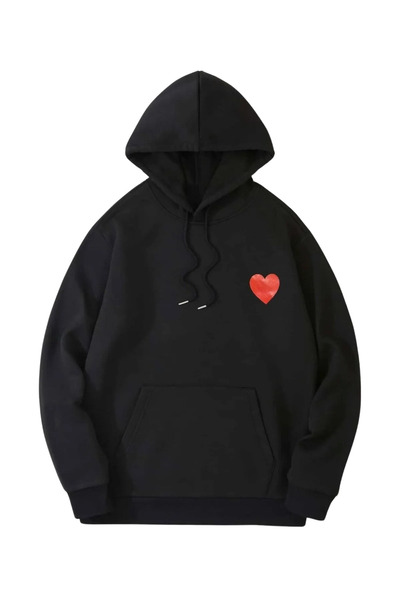 Wish BF Ayıcık Kalp Sevgili Çift Kombin - Siyah Baskılı Oversize Kapüşonlu Sweatshirt