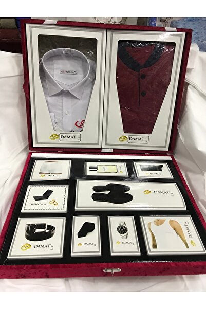 Damatlık dünyası Bordo Sandıklı Çeyizlik Damat Seti 10 Parça ,pijama Tk, Gömlek, Iç Çamaşır, Kravat