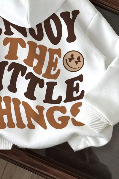 FECCY Pamuklu enjoy the little things arka baskılı beyaz oversize kapşonlu sweatshirt hoodie