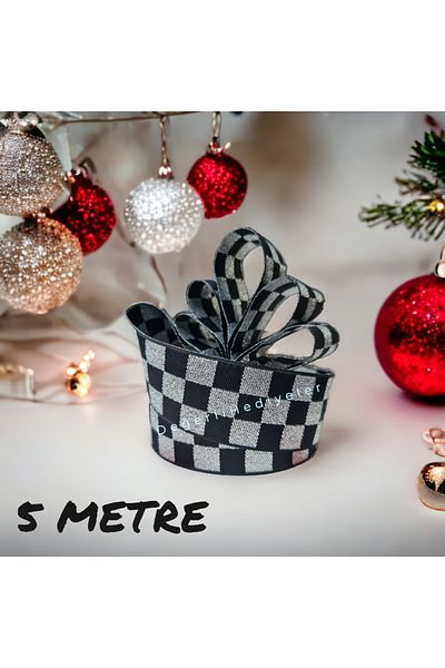GÜLSEMALİ 5 METERS Gray Checkerboard New Year Ribbon Box Decoration Ribbon Tree Decoration Ribbon 3cm