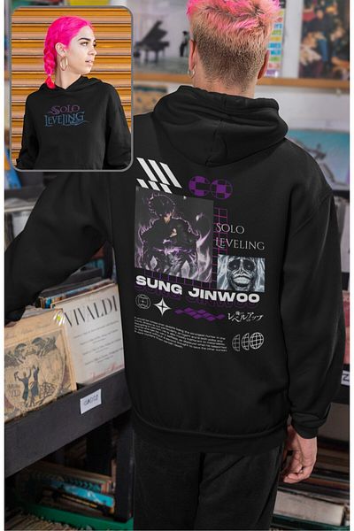 Fuddy Moda Суитшърт с качулка и голяма гаща на аниме тема Sung Jinwoo - унисекс, самостоятелен, с качулка