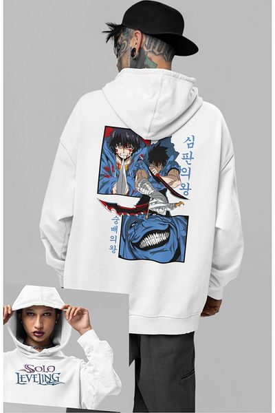 Fuddy Moda Hanorac supradimensionat unisex cu glugă - Hanorac cu glugă cu imprimeu pe spate cu personaje de nivelare solo și tematică anime