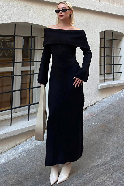 CoolLook Uzun Volanlı Kollu Straplez Madonna Yakalı Rahat Yumuşak Tarz Diz Altı Yırtmaçlı Triko Elbise