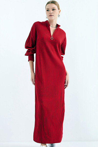 Ottawe Relaxed Fit Fermuar Kapamalı Yuvarlak Yakalı Esnek Uzun Kollu Maksi Bo...