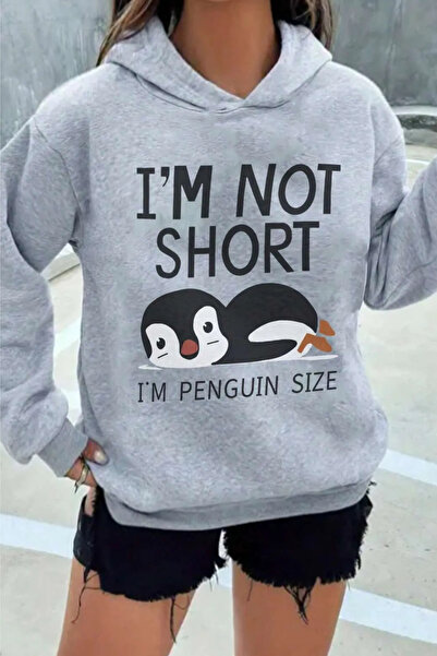 Wish BF سويت شيرت بقلنسوة رمادي مطبوع من الأمام أنا لست قصيرًا ورقبة بنجوين