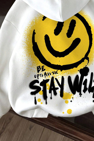 Wish BF be optiastic stay wild arka baskılı beyaz oversize kapşonlu sweatshirt hoodie