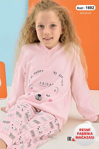 Aydoğan Girl's Interlock Pink Long Sleeve Pajamas Set 1692 - Aydogan - 6 Years