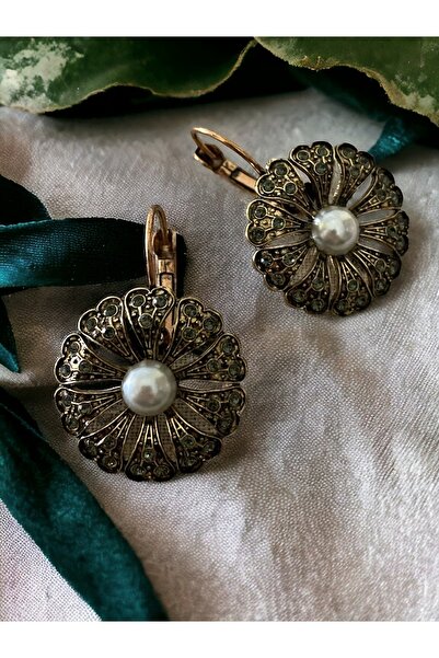 FAYRA ACCESSORIES Black Diamond Taşlı İnci Çiçek Küpe