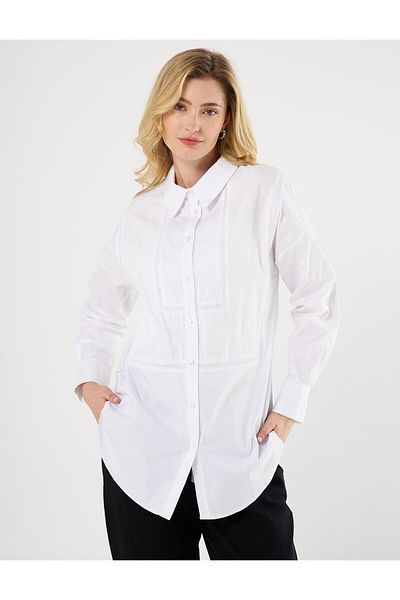 Kayra Ecru Poplin Tunic - Floral Emblem Garnished