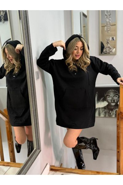 modaserdem Rochie de damă cu glugă cu mânecă lungă - cu șireturi, nasturi și buzunare