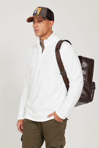 AC&Co / Altınyıldız Classics Weißes Anti-Pilling-Non-Pilling-Fleece-Sweatshirt mit Stehkragen und kältebeständiger Standardpassform für Herren
