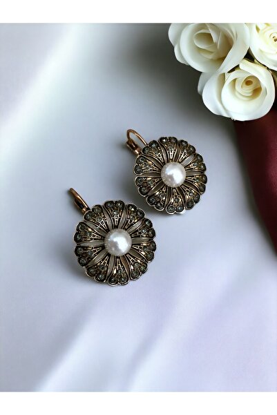 FAYRA ACCESSORIES Black Diamond Taşlı İnci Çiçek Küpe