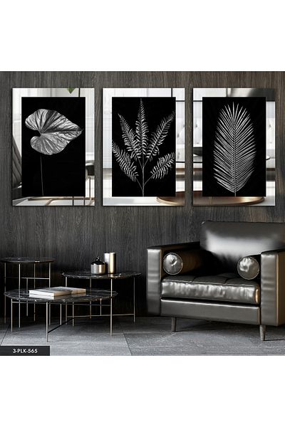 Evinemoda Pictură în oglindă pe plexiglas, 3 bucăți, argintiu, frunze de flori