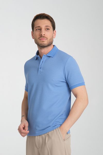 Frappoli Ανδρικό μπλουζάκι Walfer - Blue Slim Fit Waffle Polo Collar T-shirt 100% βαμβακερό ύφασμα που δεν προσποιείται