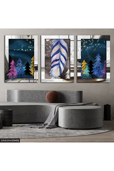Evinemoda Pictură în oglindă din plexiglas din argint natural abstract 3 piese
