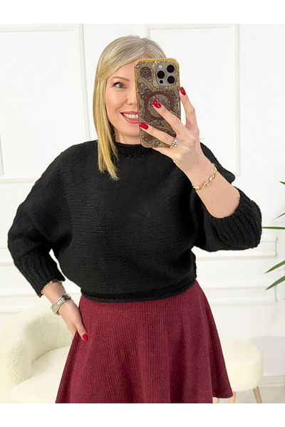 armonika Women's Black Bat Sleeve Soft Knitwear Sweater ARM-22Y012017
