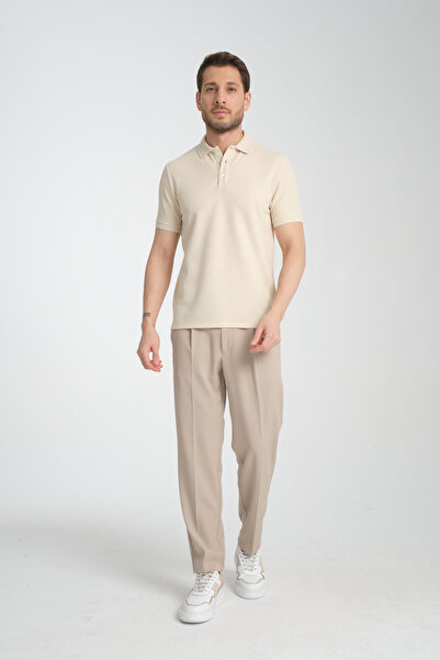 Frappoli Ανδρικό μπλουζάκι Walfer - Ανοιχτό μπεζ Slim Fit Polo Neck T-shirt 100% βαμβακερό ύφασμα που δεν συρρικνώνεται