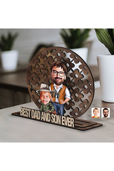 Bk Gift Kişiye Özel 3 Katmanlı Baba-Oğul Karikatürlü Ahşap Biblo-1, Babaya He...